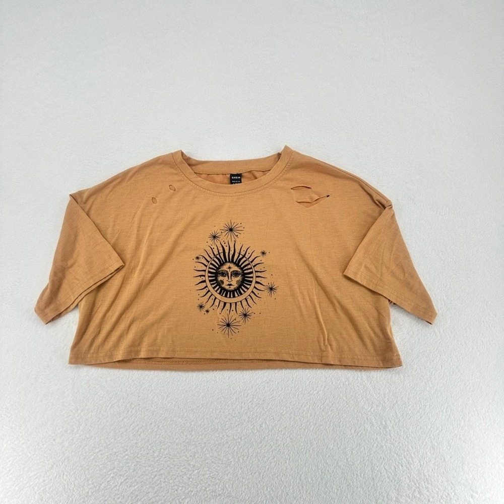 SHEIN Tan Cropped Graphic Tee Sun Moon Celestial Top S
